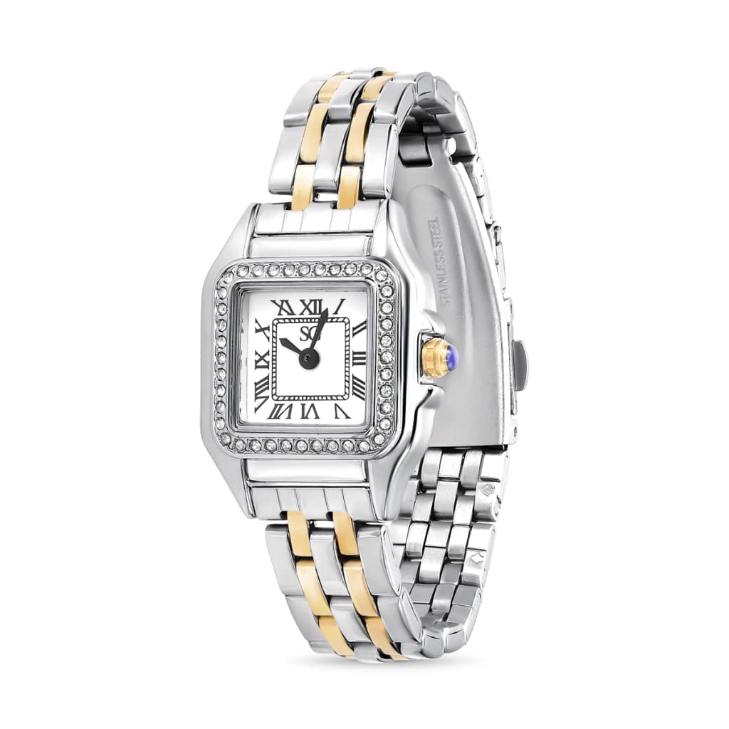 Relógio Feminino Quadrado Boxy Romain Pulseira Bicolor com Caixa Prata Números Romanos e Cristais Cravejados